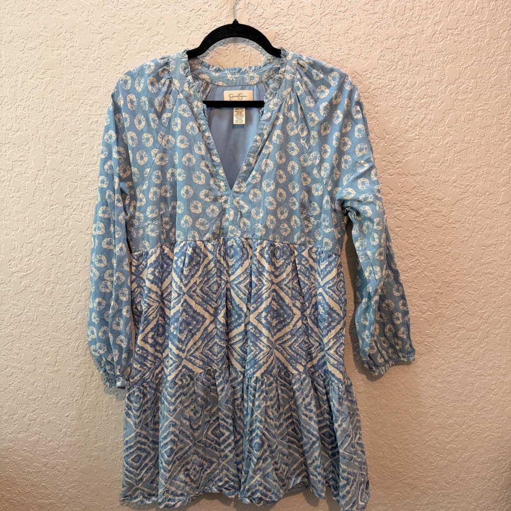 Jessica Simpson Mixed Print Tiered Mini Dress L Blue Boho Coastal Cotton